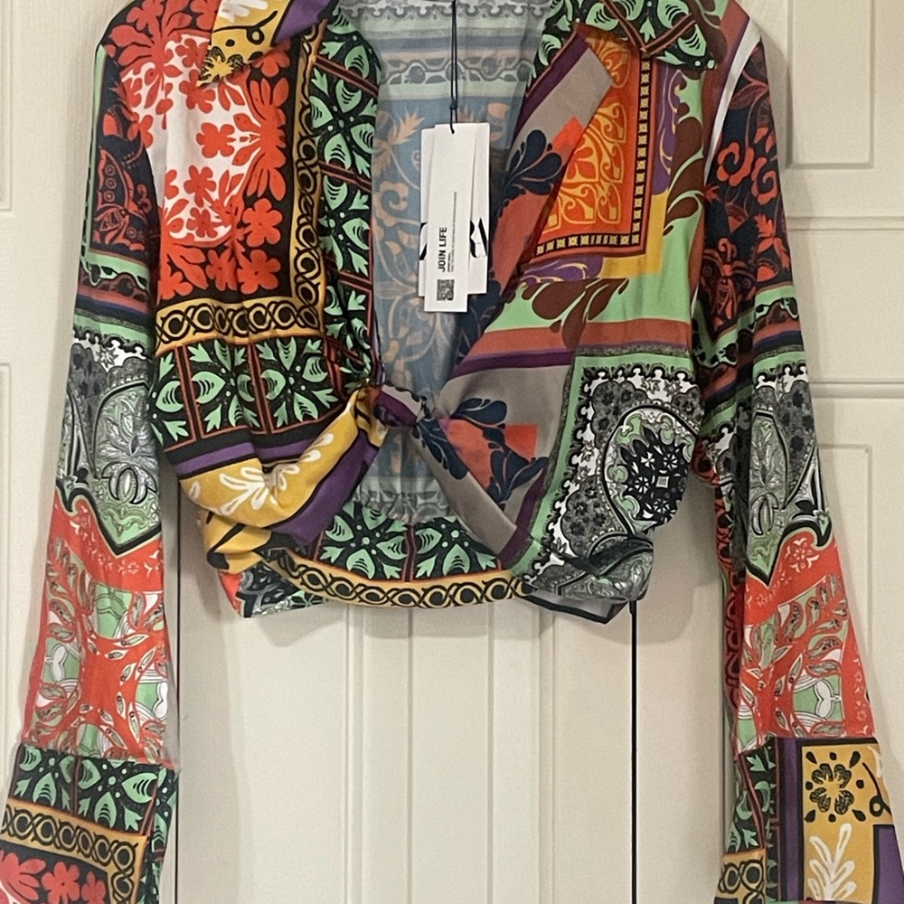 Zara Red and Orange Crop Tie Front Blouse/ bandana top